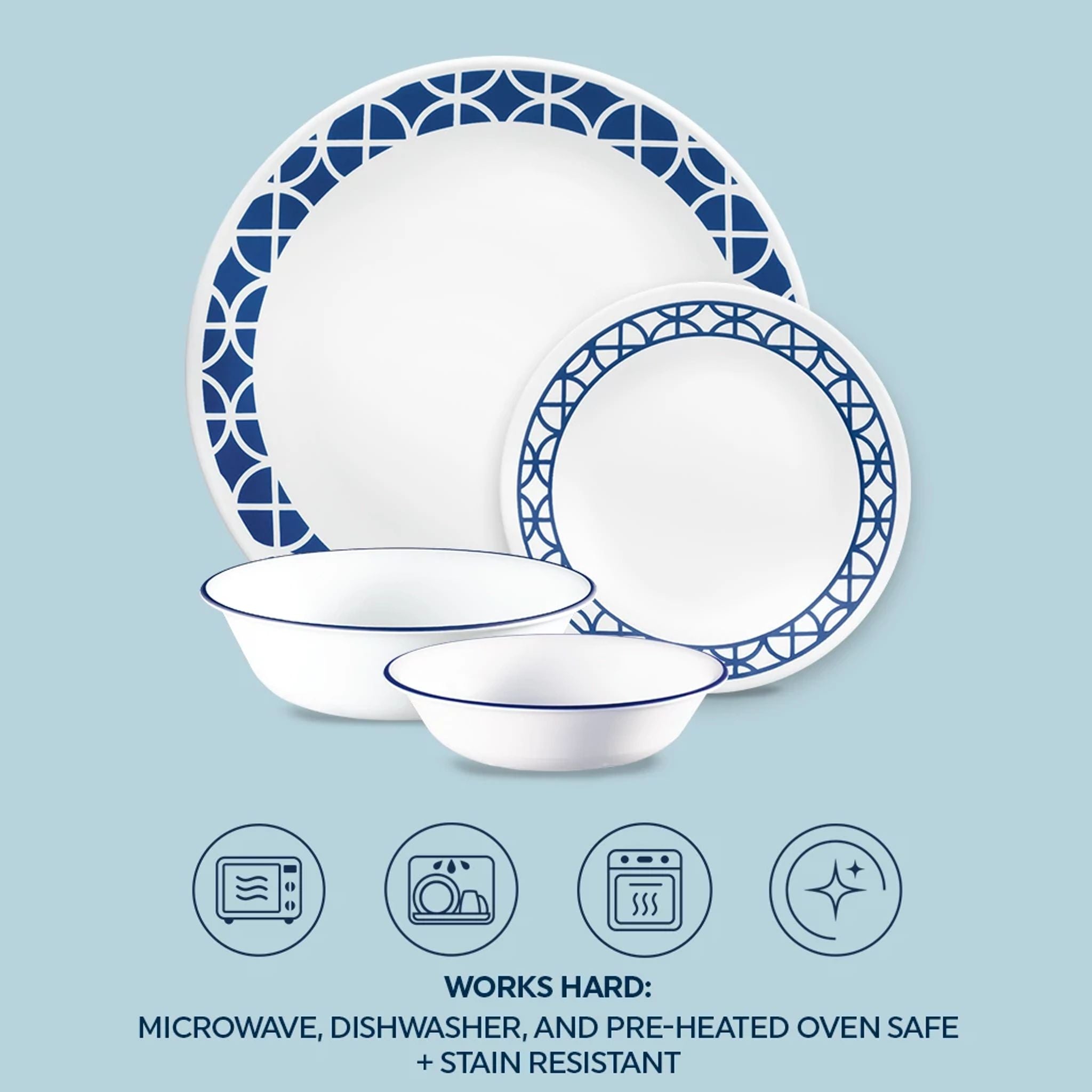 Corelle® Cobalt Circles 16-piece Mugless Dinnerware Set, Service of 4